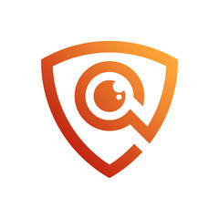 Modern Orange Shield Logo with Abstract Eye and Pupil