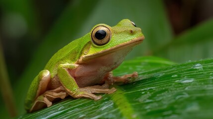 Emerald Tree Frog Resting on Lush Green Leaf