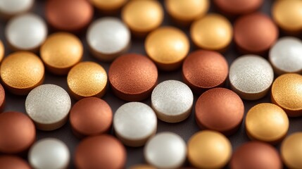 A under 200 characters: Assorted round tablets in metallic gold, copper, and silver colors arranged in a neat, repeating pattern.