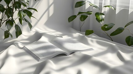 Open book resting on soft white fabric, with leafy houseplants and natural light creating a serene ambiance