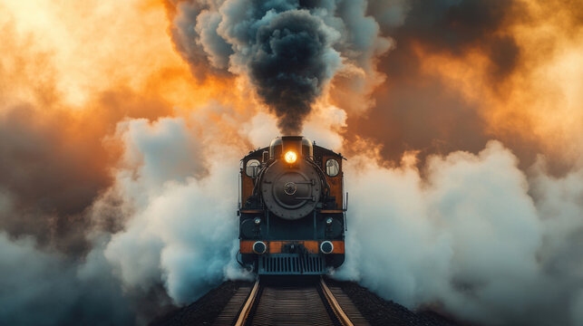 Dramatic front view of a vintage steam train chugging through billowing clouds of smoke, evoking a sense of nostalgia and adventure.