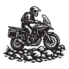 Adventure motorcycle riding through rocky path vector logo illustration