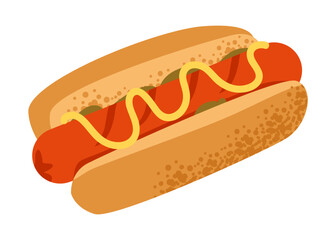 Grilled hotdog with toppings. Fast food ads, summer barbecue scenes, or street food visuals. Mustard, ketchup, and picnic elements. Flat vector illustration.