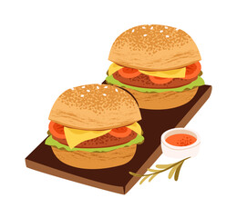 Grilled burgers with fresh vegetables. Fast food, fresh veggies, and picnic mood.
 Flat vector illustration.