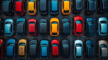 A top-down perspective displays neatly parked compact cars in rows and columns, featuring a variety of vibrant colors and symmetrical composition.