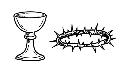 chalice and crown of thorns christian line art illustration
