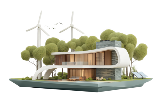 Modern Eco Friendly Curved Home with Renewable Energy Sources isolated on a transparent background