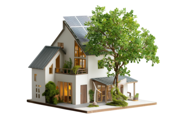 Modern Eco Friendly Home with Solar Panels and Lush Landscaping isolated on a transparent background