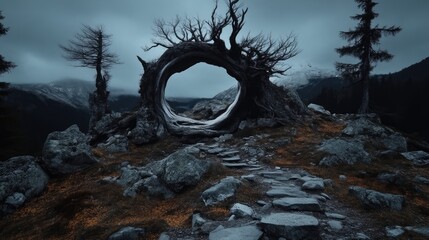 Fototapeta premium A weathered tree trunk, hollowed out, forms a natural archway in a mountainous landscape. A path winds through the rocks and fallen leaves, leading to a misty horizon