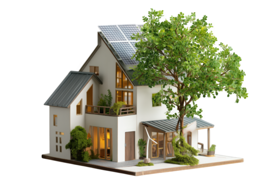 Modern Eco Friendly Home with Solar Panels and Lush Landscaping isolated on a transparent background