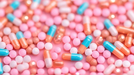 A colorful assortment of capsules and tablets scattered on a pink background.