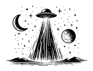 ufo spaceship abduction scene black ink cosmic sketch © Mago