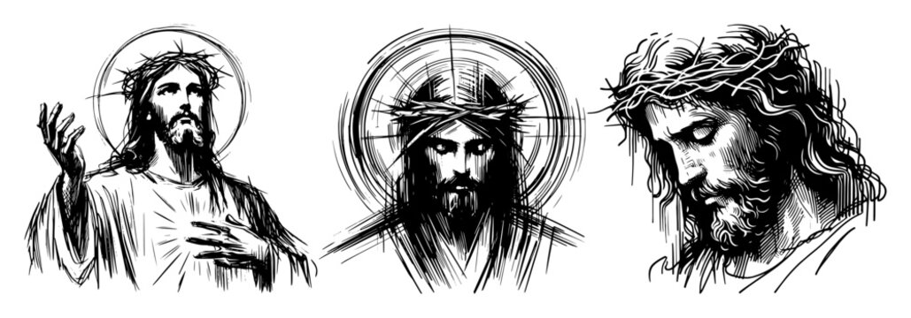 jesus christ portraits with crown of thorns black ink sketch