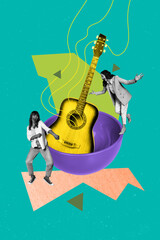 Surreal art collage of people stand near bowl with guitar on teal color background