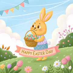 Adorable Easter Bunny with Basket of Eggs - Spring Illustration