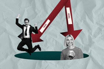 3d sketch poster trend collage of two happy business partners girl guy stand arrow decline pointer...