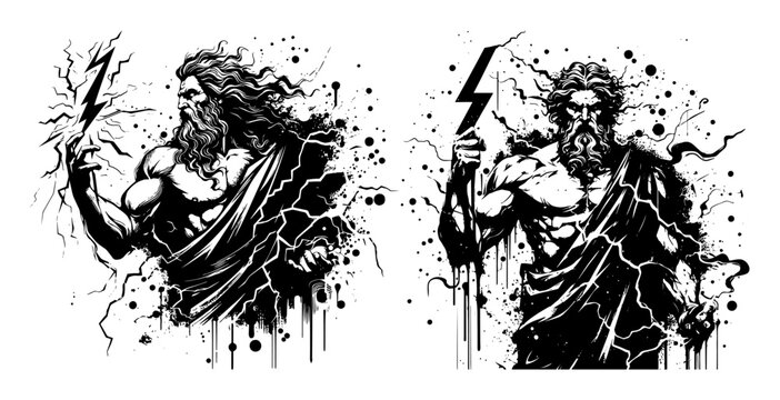 zeus god of thunder with lightning black ink vector set