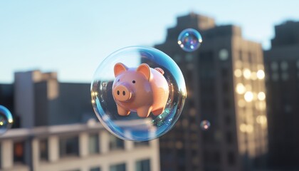 Pastel-hued piggy banks floating in bubbles urban rooftop digital art soft morning light playful concept for savings