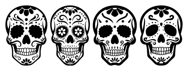 sugar skull set black vector illustration for dia de los muertos