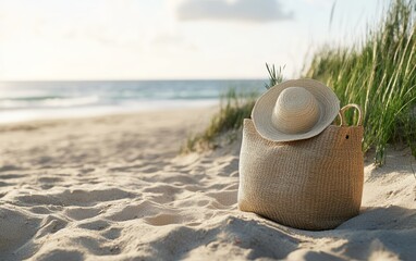 Beach Scene with Straw Hat and Woven Bag on Sandy Shore
