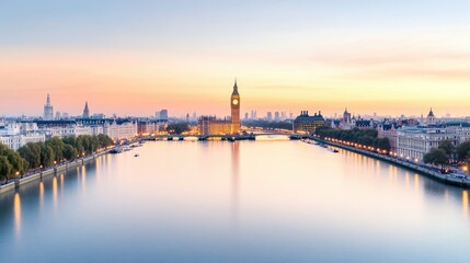 London Skyline River Thames Panoramic View High-Resolution Soft Lighting Wide Angle Cityscape at Sunset Serene Peaceful Tones Ideal for Travel Brochures
