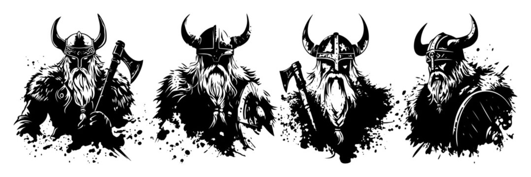 viking warriors black ink vector set with axes and helmets