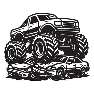 Monster truck crushing cars vector logo illustration 