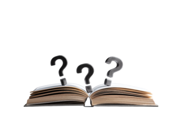 Open Book With Question Marks On Aged Pages isolated on a transparent background