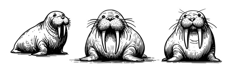 walrus animal set black silhouette vintage engraving style vector illustration