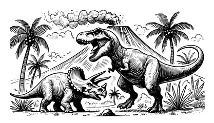 t rex and triceratops fighting black silhouette vintage engraving vector scene © Mago