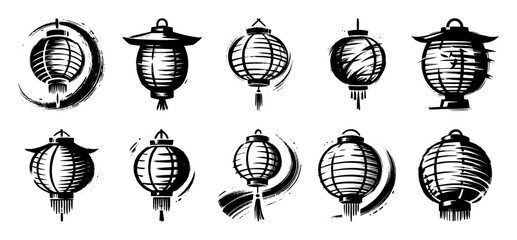 japanese chinese lantern silhouette set black brush style vector decoration © Mago