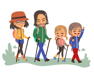 Cartoon illustration of a cheerful family hiking together with children through nature, enjoying outdoor activities during summer holidays