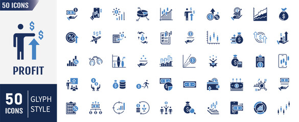 Financial profit flat icon set. Containing money savings, finance, growth, investment, payment, earnings, management and more. Vector illustration