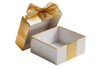 Open Gold Glitter Gift Box With White Interior And Gold Bow isolated on a transparent background