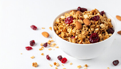 Crunchy Granola with Almonds and Dried Cranberries in White Bowl