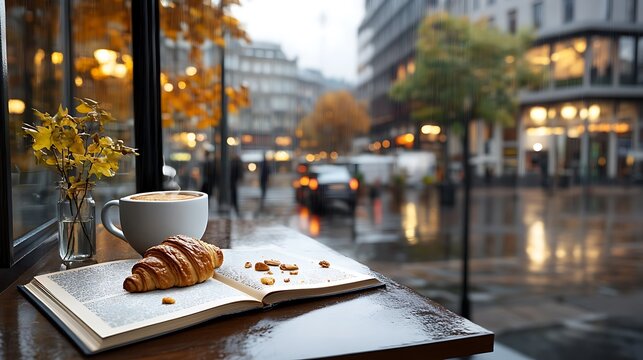a cup of coffee and a crois on a table
