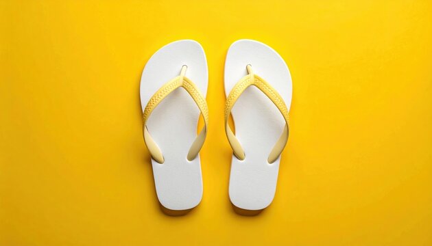 Summer vibes yellow flip flops on bright yellow background lifestyle studio close-up casual fashion
