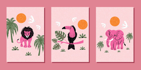 A set of abstract modern banners with hand-drawn lion, elephant, and tropical toucan bird. Flat fashionable vector illustration.