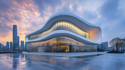 Obraz premium Modern architectural design with unique wavy structure and reflective surfaces