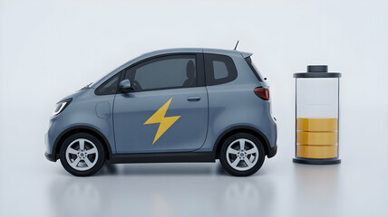 Electric car model with battery charger, isolated on white background featuring lightning symbol for energy theme