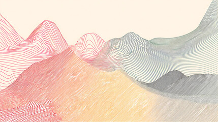 Abstract line art landscape with subtle color gradients creating smooth mountain shapes and flowing curves in soft pastel tones, evoking calm and gentle emotions