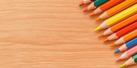 Obraz premium Colorful Pencils Arranged Diagonally on Warm Wood Background for Creative Projects