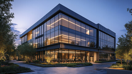 Modern office building with glowing interiors and landscaped surroundings at dusk