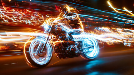 Dynamic image of motorcycle weaving through vibrant liquid light trails with glowing chrome details, creating energetic and futuristic motion effect at night