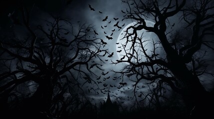Halloween & Spooky: Moonlit bat swarm over gnarled branches, dozens of bats in flight silhouetted against full moon