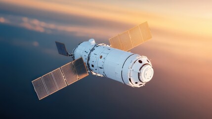 Fototapeta premium A modern satellite or spacecraft orbits above Earth with solar panels extended, illuminated by the glow of the sunrise or sunset.