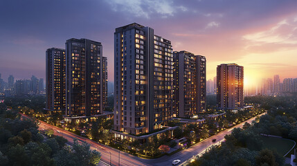 Obraz premium Contemporary residential complex with sharp architecture at sunset, showcasing urban living