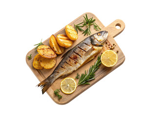 Cocked seabass fish with potatoes, rosemary, and lemon on a cutting board on a transparent background png food design