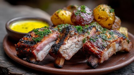 Plate of Portuguese-style grilled pork ribs, succulent and charred to perfection, accompanied by roasted potatoes and homemade piripiri sauce, placed on an aged rustic table with natural wood grains. 