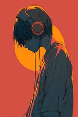 Melancholic Anime Boy Listening to Music Digital Art Vibrant Colors Emotional Mood Profile View